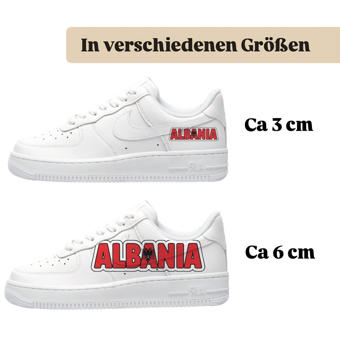 Personalisierte Sneaker mit Schriftzug Albania einfach zum aufbügeln für alle Schuhe