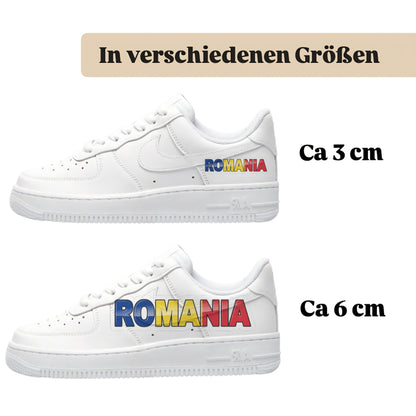 Personalisierte Sneaker mit Schriftzug Romania einfach zum aufbügeln für alle Schuhe