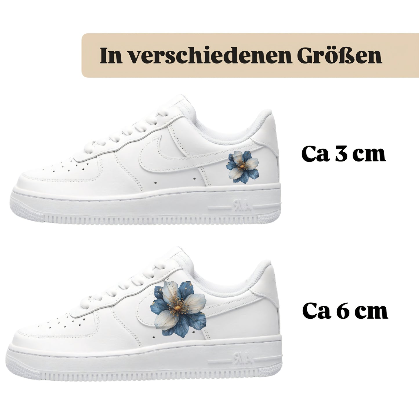 Bügelbilder für mehrere Sneakerarten Nike Puma Adidas Badelatschen Design blaue Blumen